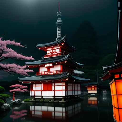 low quality picture - a japanese temple with a full moon in the background and cherry blossoms in the foreground, and a full moon in the background, by Eishōsai Chōki