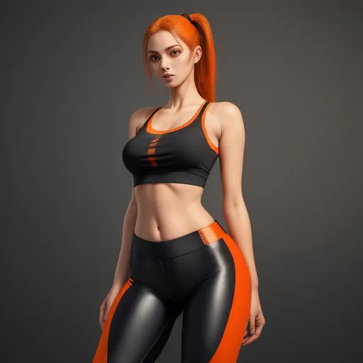 4k converter photo - a woman with red hair wearing a black and orange sports bra top and leggings with a black and orange stripe, by theCHAMBA