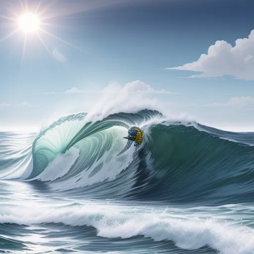 a painting of a person surfing a wave in the ocean with the sun shining over the water and the sky, by Cyril Rolando