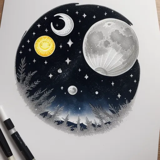 a drawing of a moon and a full moon with a black background and white border, with two black markers, by Jane Newland