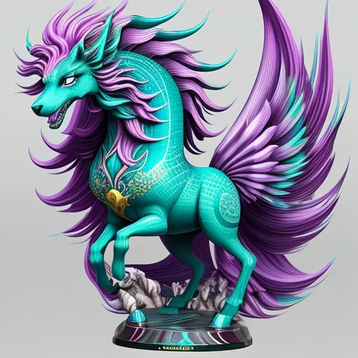 a blue and purple statue of a mythical horse with wings spread out, on a gray background, with a white background, by Lisa Frank