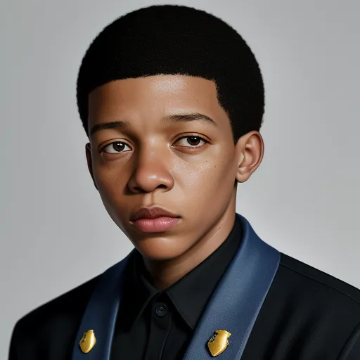 a young man in a uniform with a black haircut and a blue tie with gold buttons on his lapel, by Barkley Hendricks