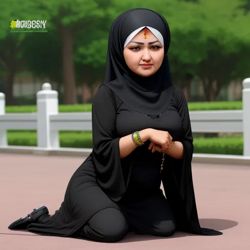turn a picture into high resolution - a woman in a black outfit sitting on the ground with a rosary on her head and a black dress, by Chen Daofu