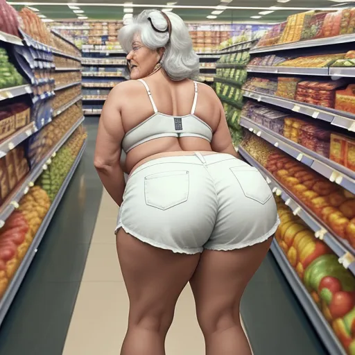 a woman in a white underwear is standing in a grocery store aisle with her butts up and her hands behind her back, by Botero