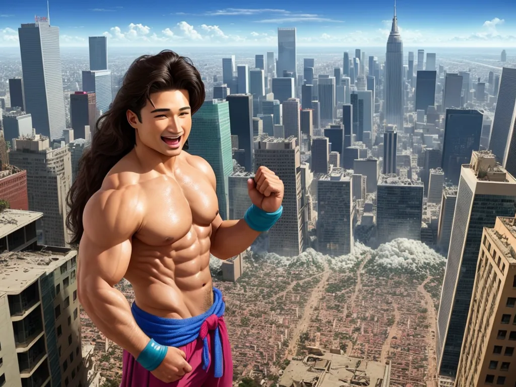 a man with a big smile on his face standing in front of a cityscape with a huge city in the background, by Kent Monkman