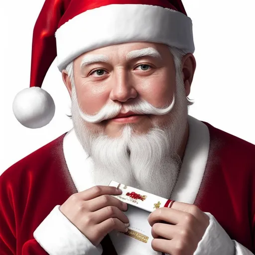 high resolution - a man in a santa suit holding a white box of candy with a santa clause on it's head, by Chen Daofu