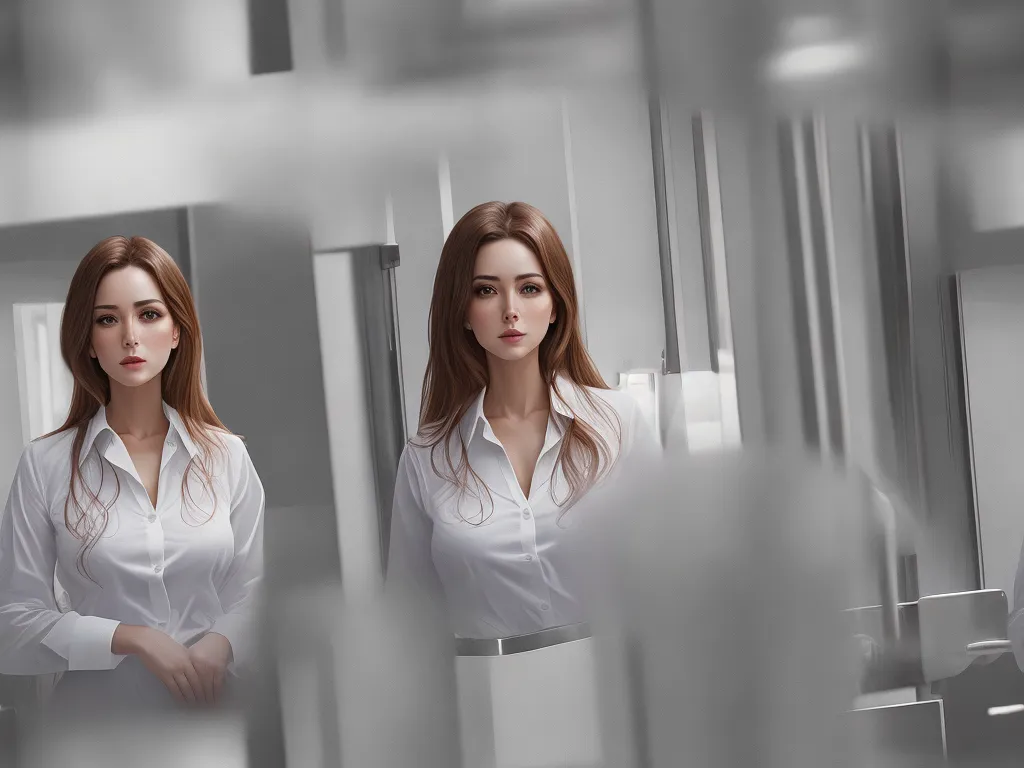 convert photo to 4k quality - a woman in a white shirt is standing in a mirror with her hands on her hips and her hair in the air, by Chen Daofu