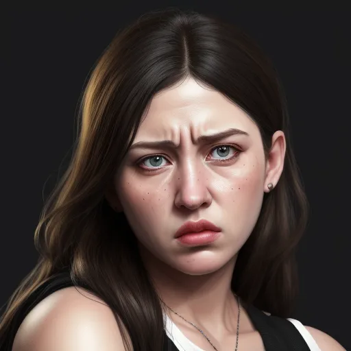 a woman with a sad look on her face and a necklace on her neck, with a black background, by Lois van Baarle
