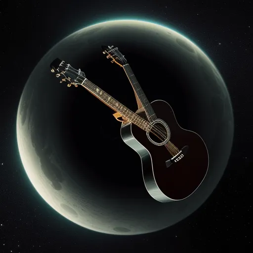 a guitar is shown in front of a planet with a moon in the background and a black background with a white circle, by Peter Holme III