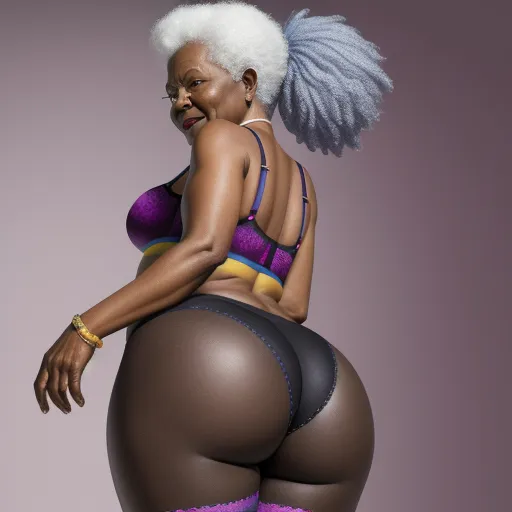 ai enhance image - a woman in a purple bra and black panties with a big butt and a big booty on her knees, by Hendrick Goudt