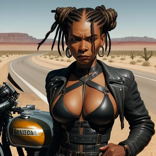 image quality lower - a woman in a leather outfit standing next to a motorcycle in the desert with a desert background and a desert highway, by Jeff Simpson