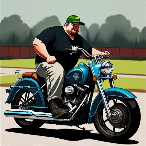 a man riding a blue motorcycle down a street next to a park and trees in the background, with a green hat on, by Phil Noto