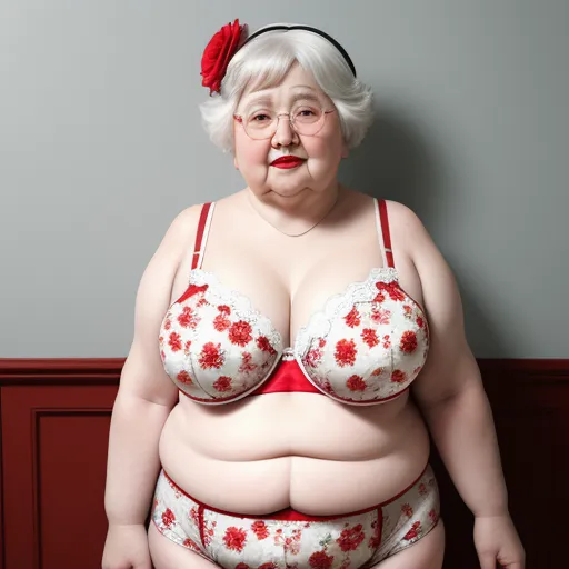 convert photo to 4k resolution - a fat woman in a red and white bra and panties with a red flowered headband on her head, by Hendrick Goudt