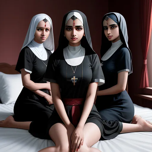 ai image generator from text online - three women in nun costumes sitting on a bed together, one of them is wearing a nun outfit and the other is wearing a nun outfit, by Raja Ravi Varma