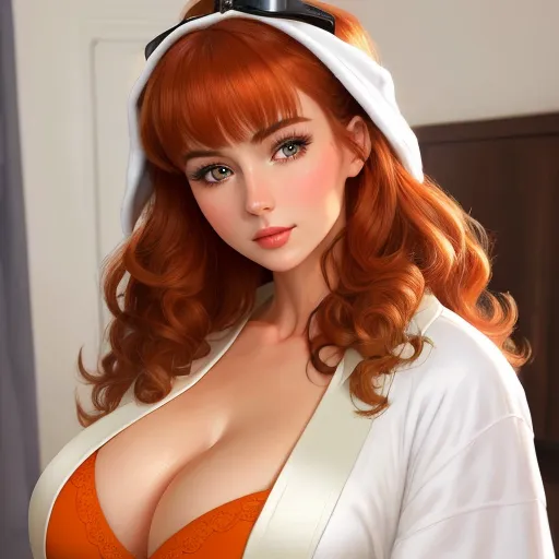 a woman with red hair and a white hat is posing for a picture in a white shirt and orange bra, by Terada Katsuya