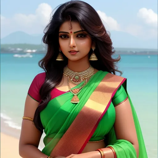 a woman in a green sari standing on a beach with a blue sky in the background and a blue sky in the background, by Raja Ravi Varma