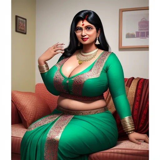 1080p to 4k converter - a woman in a green sari posing for a picture with her hands on her hips and her right hand on her hip, by Botero