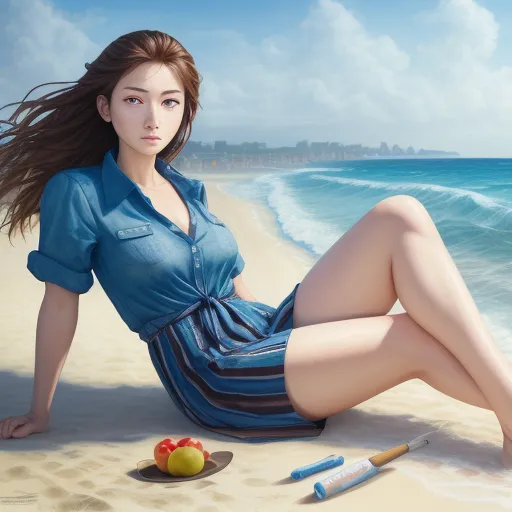 a woman laying on the beach next to a plate of fruit and a bottle of water with a straw, by Chen Daofu