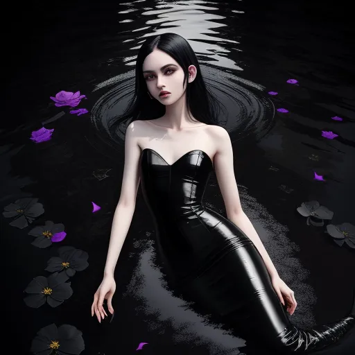 ai image app - a woman in a black dress is floating in a pond of water with flowers on the water surface and a purple flower floating on the water, by Lois van Baarle
