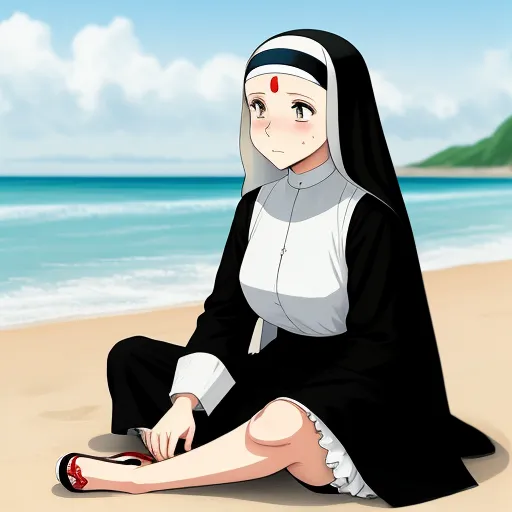 a nun sitting on the beach with her feet crossed and a red eye patch in her hair, wearing a black nun outfit, by Giotto Di Bondone