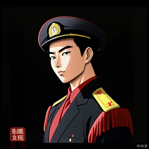 high resolution image - a man in a uniform with a red shirt and a yellow and white star on his collar and a black background, by Liu Ye