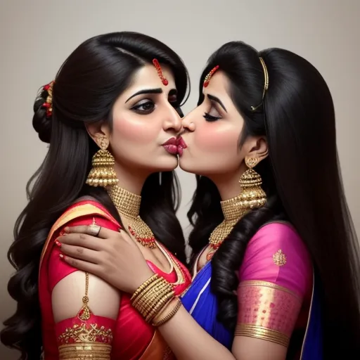 two women in indian clothing kissing each other with their noses touching each other with their hands photo by anilka, by Hendrik van Steenwijk I