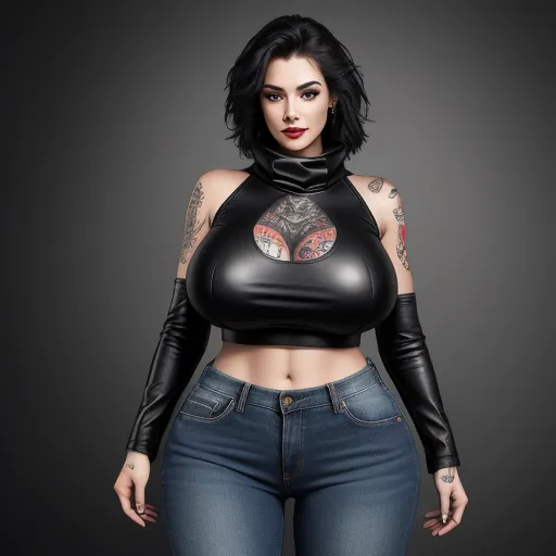 text to illustration ai - a woman with tattoos and a black top is posing for a picture in jeans and a leather jacket with a hood, by Terada Katsuya