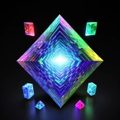 ai text to picture generator - a colorful cube with a light shining in it's center surrounded by smaller cubes of different colors, by Filip Hodas