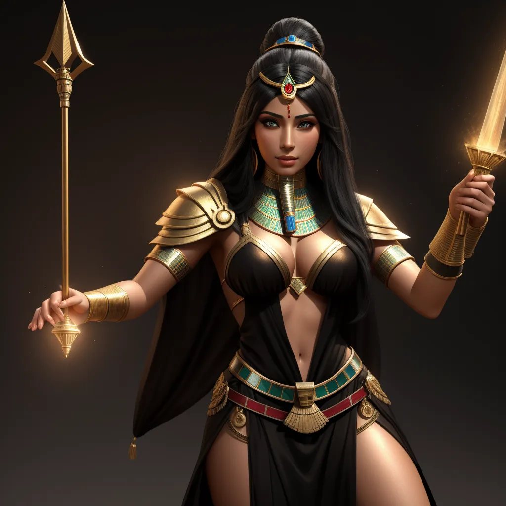 a woman dressed in egyptian clothing holding a sword and a staff with a gold decoration on it's head, by Sailor Moon