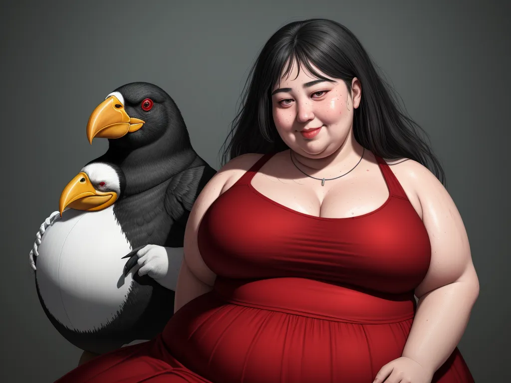 a woman in a red dress next to a penguin on a gray background with a black and white bird, by Botero