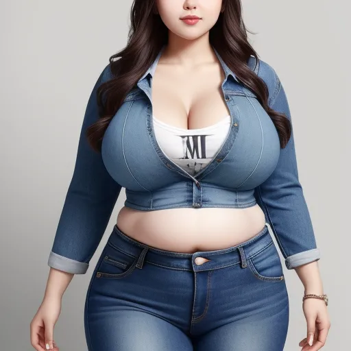 best free ai image generator - a woman in a jean jacket and jeans posing for a picture with her breasts exposed and a large breast, by Terada Katsuya