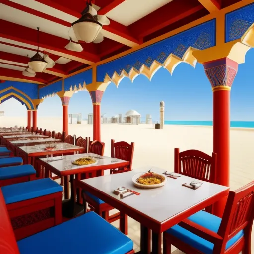 photo images - a restaurant with a view of the beach and the ocean in the background, with a plate of food on the table, by John Martin