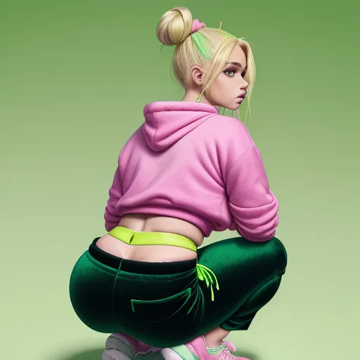 a woman with a ponytail and a pink sweatshirt is sitting on a green background and has her hands in her pockets, by Lois van Baarle