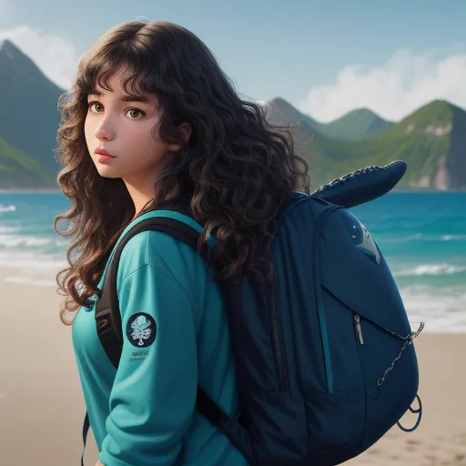 low res image to high res - a girl with a backpack on the beach looking at the ocean and mountains in the background, with a blue sky and white clouds, by Hsiao-Ron Cheng