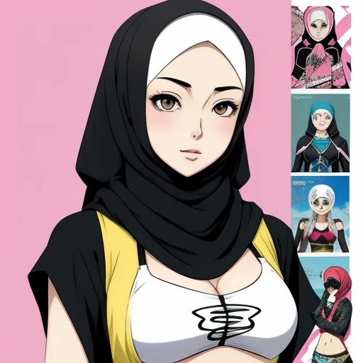 ai image generator text - a woman in a hijab and a pink background with photos of her breasts and breastsocks,, by Hirohiko Araki