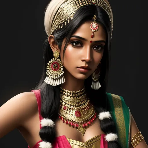 increase image size - a woman in a costume with a headpiece and jewelry on her head and a black background with a black background, by Raja Ravi Varma