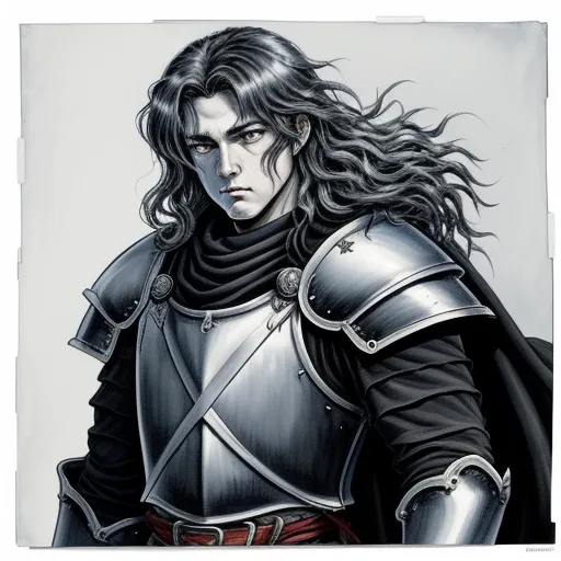 4k quality photo converter - a drawing of a man in a suit of armor with long hair and a sword in his hand,, by Kentaro Miura