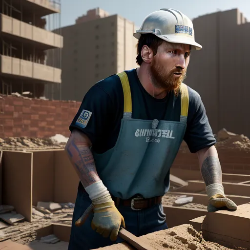 ai created images - a man with a beard and a hard hat is standing in a construction site with a brick wall and a building in the background, by Hendrik van Steenwijk I