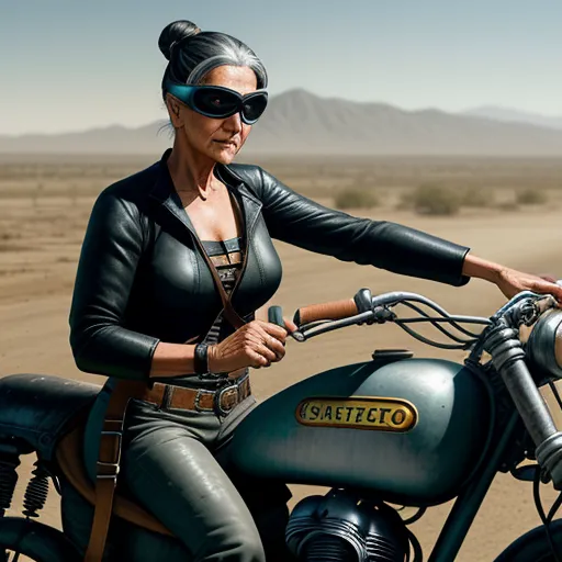 a woman in leather clothes riding a motorcycle on a dirt road in the desert with mountains in the background, by Jamie Baldridge