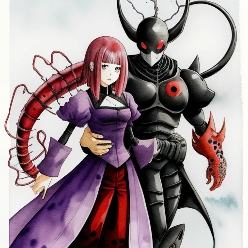 a drawing of a woman and a demon standing next to each other with their arms around each other,, by Ken Sugimori