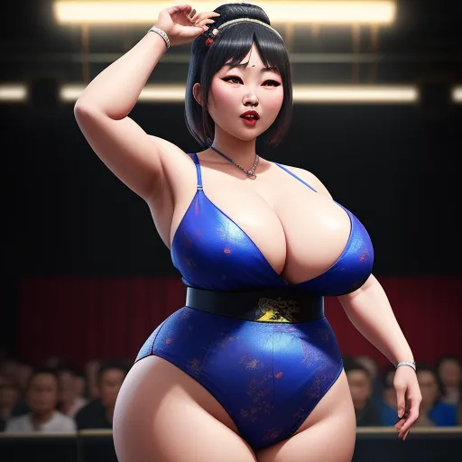 image quality lower - a woman in a blue bodysuit posing for a picture in a room with people in the background and a spotlight, by Toei Animations