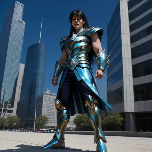 a woman in a blue and gold costume standing in front of a cityscape with skyscrapers in the background, by Sailor Moon