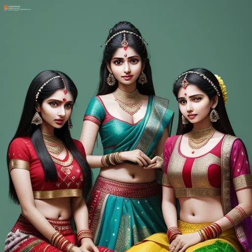 three women in indian clothing posing for a picture together, one of them is wearing a sari and the other is wearing a blouse, by Raja Ravi Varma