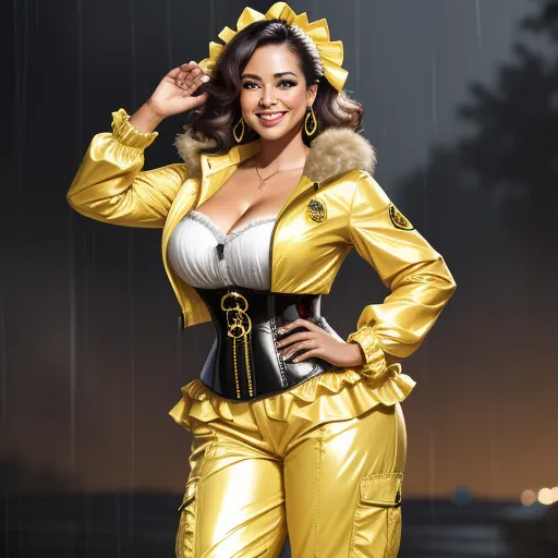 ai images generator - a woman in a gold outfit posing for a picture in the rain with an umbrella behind her and a rain jacket on, by Terada Katsuya