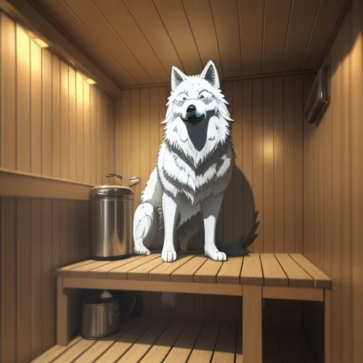 4k photo resolution converter - a white dog sitting on a wooden bench in a sauna with a pot and a can of beer, by Hiromu Arakawa