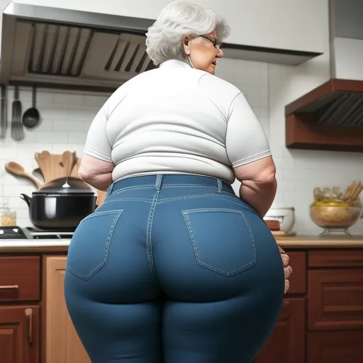 a woman in blue jeans is standing in a kitchen with a stove and a pot on the counter top, by Botero