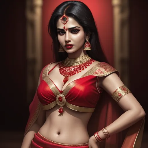 ai based photo enhancer - a woman in a red and gold outfit with a red shawl and a red shawl and a red and gold necklace, by Raja Ravi Varma