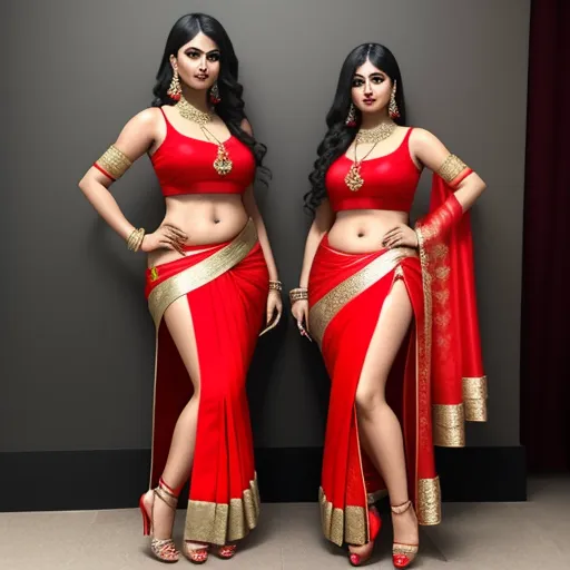 ai image generator dall e - two women in red and gold outfits posing for a picture together, both wearing matching outfits with gold jewelry, by Hendrik van Steenwijk I