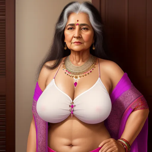 pixel to inches conversion - a woman in a bra with a pink sari and a necklace on her neck and chest, standing in front of a brown wall, by Raja Ravi Varma