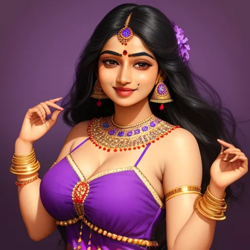 text to picture ai - a woman in a purple dress with a necklace and earrings on her head and a purple background with a purple background, by Raja Ravi Varma